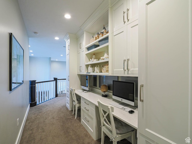 13772 S Kennington Ct E, Draper, UT 84020 - office featuring built in desk, dark carpet, recessed lighting, and baseboards