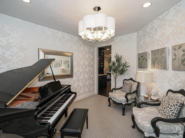 13772 S Kennington Ct E, Draper, UT 84020 - sitting room with wallpapered walls, a chandelier, carpet floors, and recessed lighting