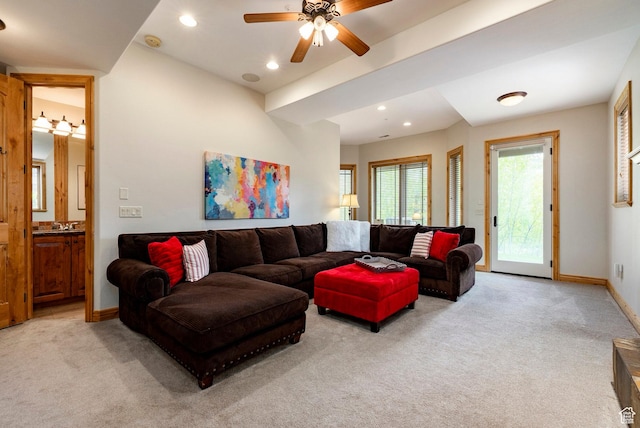 3006 E Canyon Links Dr S, Park City, UT 84098 - living room with light carpet, recessed lighting, baseboards, and a ceiling fan
