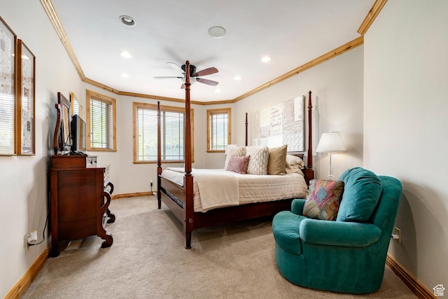3006 E Canyon Links Dr S, Park City, UT 84098 - bedroom with ornamental molding, baseboards, light carpet, recessed lighting, and ceiling fan