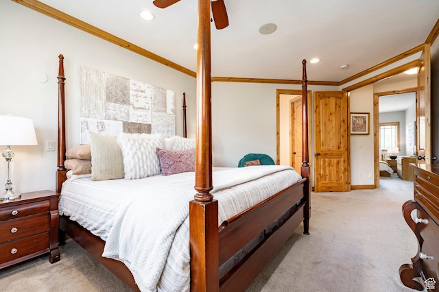3006 E Canyon Links Dr S, Park City, UT 84098 - bedroom featuring ornamental molding, light colored carpet, recessed lighting, ceiling fan, and baseboards
