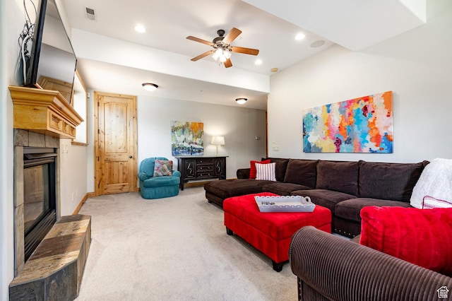 3006 E Canyon Links Dr S, Park City, UT 84098 - living room with carpet flooring, a glass covered fireplace, ceiling fan, and recessed lighting