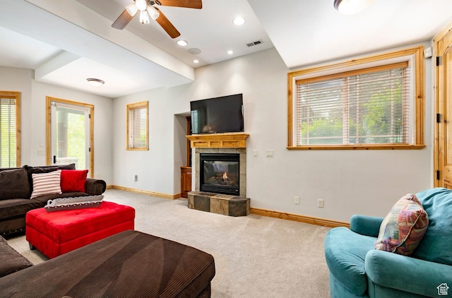 3006 E Canyon Links Dr S, Park City, UT 84098 - living area featuring light colored carpet, baseboards, a fireplace, a ceiling fan, and recessed lighting