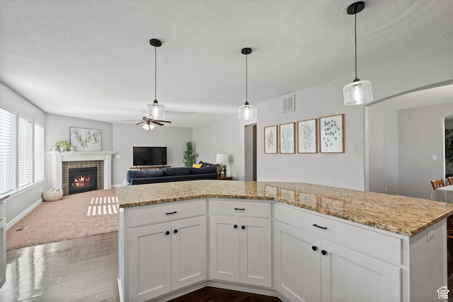 277 N 3600 W, Layton, UT 84041 - kitchen with dark wood-style flooring, open floor plan, a ceiling fan, a textured ceiling, and a fireplace
