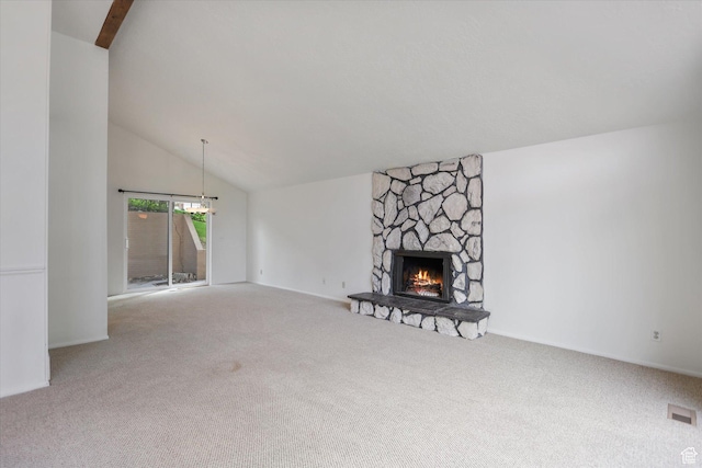 1694 E Plata Way, Sandy, UT 84093 - unfurnished living room with carpet floors, vaulted ceiling, a fireplace, a chandelier, and baseboards