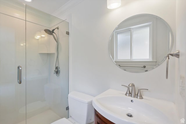 1694 E Plata Way, Sandy, UT 84093 - bathroom featuring a stall shower, vanity, toilet, and crown molding