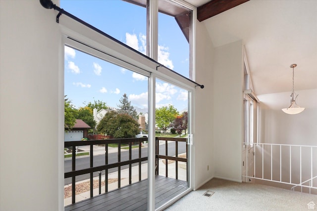 1694 E Plata Way, Sandy, UT 84093 - doorway featuring high vaulted ceiling, carpet flooring, and beam ceiling