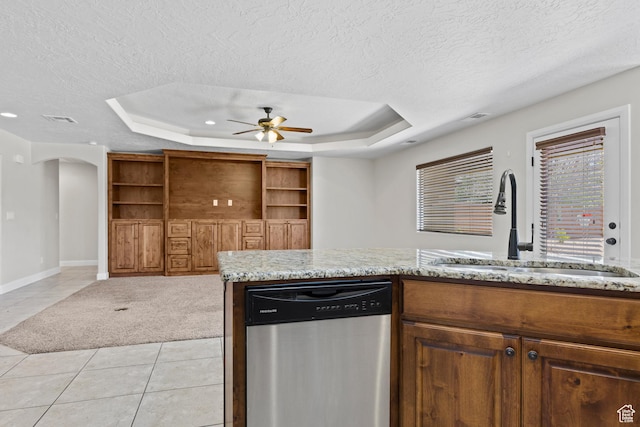 3345 W 2430 S, Hurricane, UT 84737 - kitchen featuring dishwasher, a sink, a tray ceiling, a textured ceiling, and ceiling fan