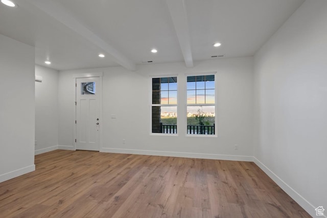 11433 S Watercourse Rd Unit 184, South Jordan, UT 84009 - foyer entrance featuring beam ceiling, baseboards, wood finished floors, and recessed lighting