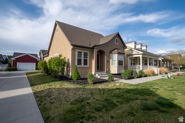 10227 S Oquirrh Lake Rd, South Jordan, UT 84095 - view of front of house with a porch, roof with shingles, stucco siding, and a front yard