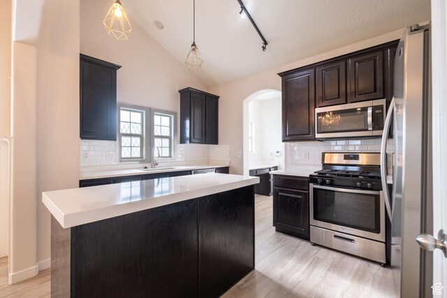 10227 S Oquirrh Lake Rd, South Jordan, UT 84095 - kitchen featuring appliances with stainless steel finishes, a sink, light countertops, arched walkways, and light wood-style floors