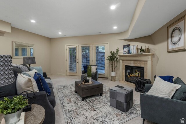 584 S Silver Ln, Alpine, UT 84004 - living area featuring carpet, a tiled fireplace, recessed lighting, and baseboards