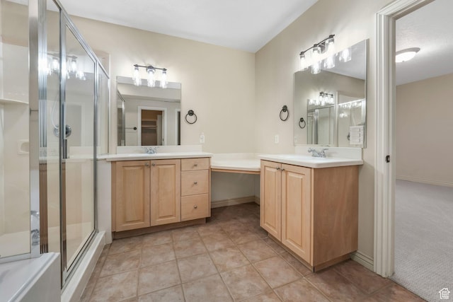 584 S Silver Ln, Alpine, UT 84004 - full bathroom featuring a stall shower, two vanities, tile patterned flooring, and baseboards