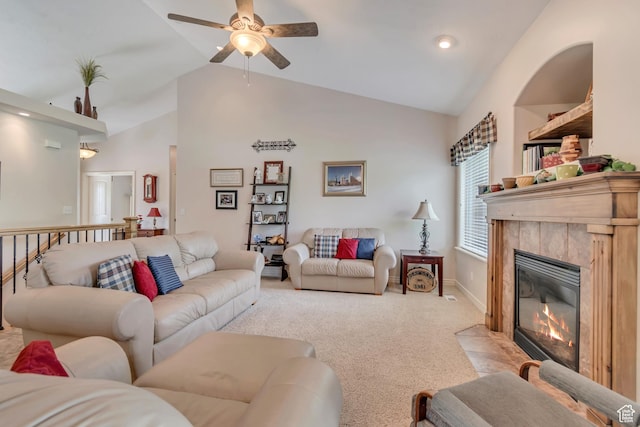 3028 W Viola Ln, Riverton, UT 84065 - living area featuring light carpet, a ceiling fan, a fireplace, high vaulted ceiling, and baseboards