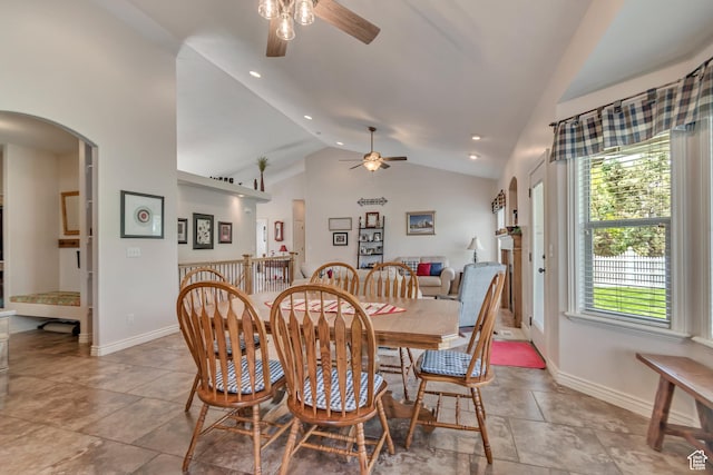 3028 W Viola Ln, Riverton, UT 84065 - dining area featuring a ceiling fan, vaulted ceiling, arched walkways, recessed lighting, and baseboards