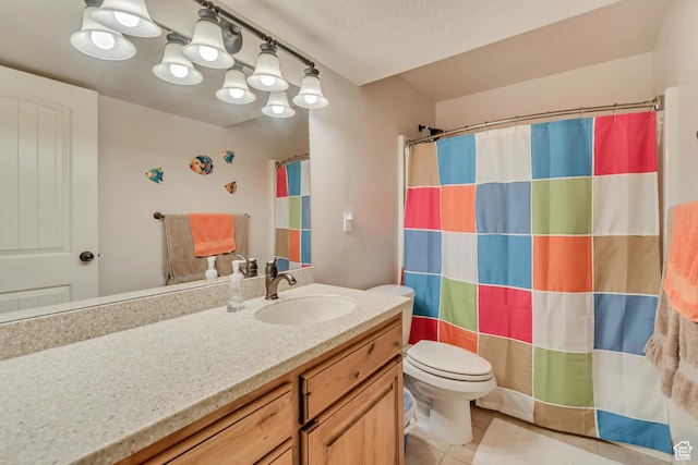 3028 W Viola Ln, Riverton, UT 84065 - bathroom with vanity, toilet, tile patterned flooring, and a shower with curtain
