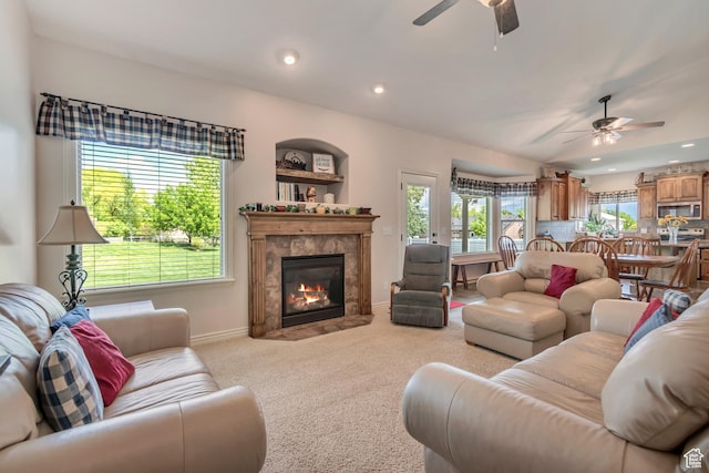 3028 W Viola Ln, Riverton, UT 84065 - living room featuring a ceiling fan, carpet flooring, baseboards, a fireplace, and recessed lighting