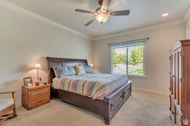 3028 W Viola Ln, Riverton, UT 84065 - bedroom featuring light carpet, baseboards, ornamental molding, and a ceiling fan