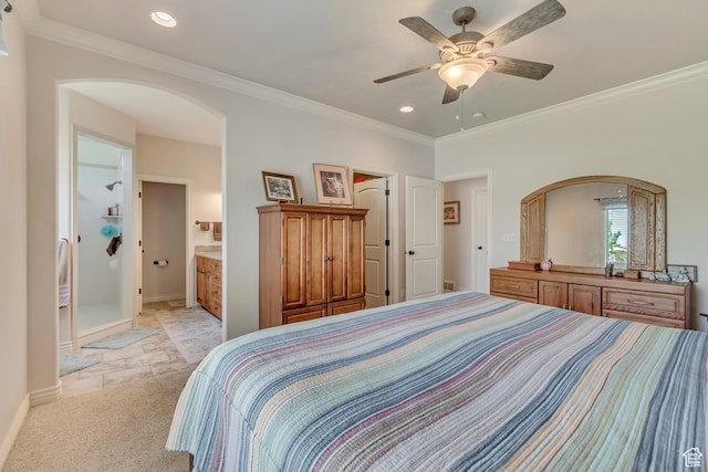 3028 W Viola Ln, Riverton, UT 84065 - bedroom featuring ornamental molding, arched walkways, recessed lighting, baseboards, and light carpet