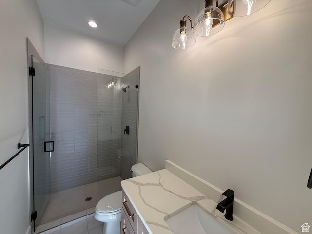 2921 E Yavin Way, St George, UT 84790 - bathroom with toilet, a shower stall, vanity, and tile patterned floors