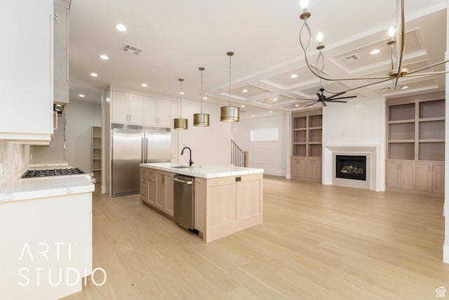 2921 E Yavin Way, St George, UT 84790 - kitchen with stainless steel appliances, ceiling fan, a sink, light wood-type flooring, and built in shelves