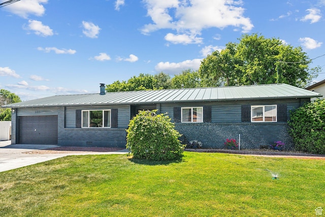 623 N 120 W, Lehi, UT 84043 - ranch-style home with brick siding, a standing seam roof, an attached garage, a front lawn, and driveway