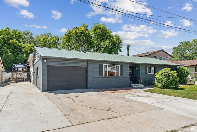 623 N 120 W, Lehi, UT 84043 - ranch-style home with an attached garage, brick siding, concrete driveway, metal roof, and crawl space