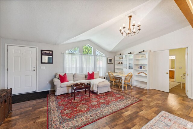 245 S 400 W, Heber City, UT 84032 - living area with lofted ceiling, a chandelier, and wood finished floors