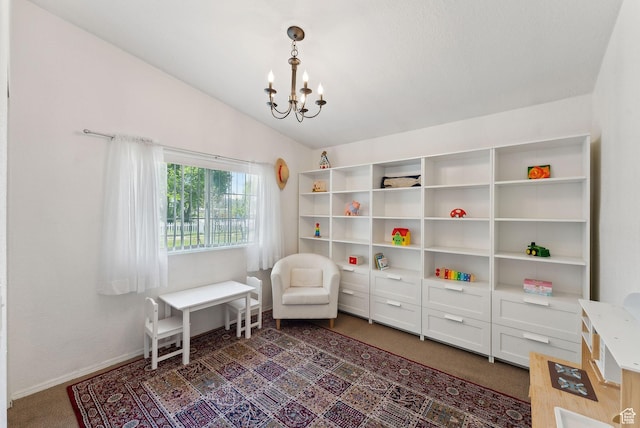 245 S 400 W, Heber City, UT 84032 - sitting room featuring a chandelier, vaulted ceiling, baseboards, and carpet