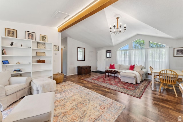 245 S 400 W, Heber City, UT 84032 - living area with vaulted ceiling, dark wood-style flooring, and a chandelier