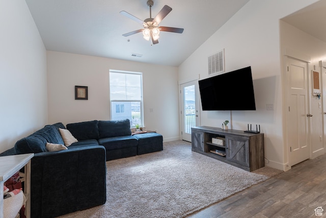 1994 N 3330 W Unit A304, Lehi, UT 84043 - living area with a ceiling fan, vaulted ceiling, wood finished floors, and baseboards