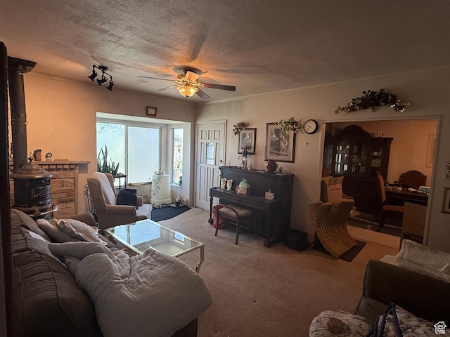 1035 W Main St, Lehi, UT 84043 - living room with carpet, a ceiling fan, ornamental molding, and a textured ceiling