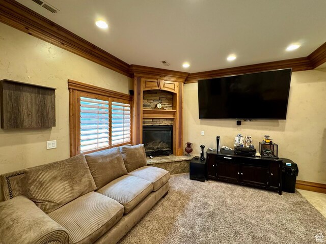 1710 N 2625 E, Layton, UT 84040 - living area with ornamental molding, light carpet, a fireplace, recessed lighting, and baseboards