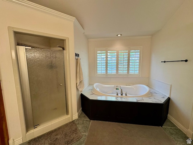 1710 N 2625 E, Layton, UT 84040 - full bathroom with a shower stall, a bath, crown molding, baseboards, and tile patterned floors