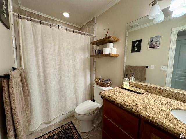 1710 N 2625 E, Layton, UT 84040 - bathroom with toilet, tile patterned floors, vanity, crown molding, and a shower with curtain