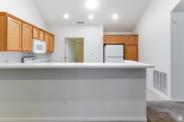 544 W 300 S Unit C, Springville, UT 84663 - kitchen with white appliances, a peninsula, lofted ceiling, dark colored carpet, and light countertops