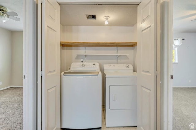 4733 S 3900 W, Roy, UT 84067 - laundry area with washing machine and clothes dryer, ceiling fan, light carpet, and baseboards