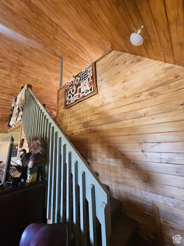 45465 W Airport Rd, Fruitland, UT 84027 - stairs featuring wooden ceiling, wood walls, and vaulted ceiling