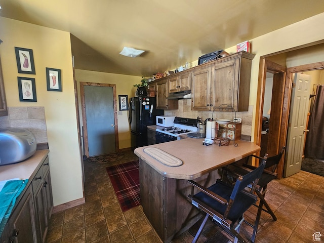 45465 W Airport Rd, Fruitland, UT 84027 - kitchen with white appliances, under cabinet range hood, backsplash, a kitchen bar, and light countertops