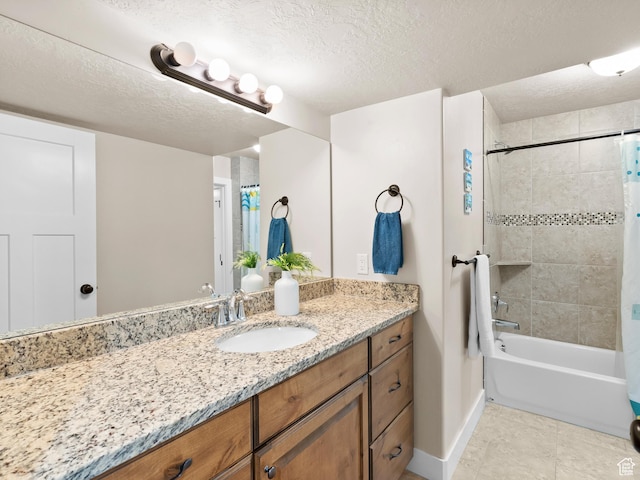 2143 W River Birch Rd, Mapleton, UT 84664 - full bathroom featuring vanity, shower / bath combo with shower curtain, baseboards, a textured ceiling, and tile patterned flooring