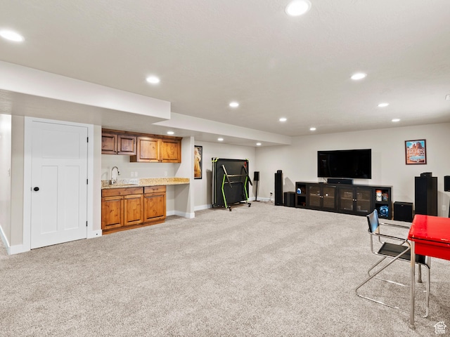 2143 W River Birch Rd, Mapleton, UT 84664 - living area featuring light colored carpet, wet bar, recessed lighting, and baseboards