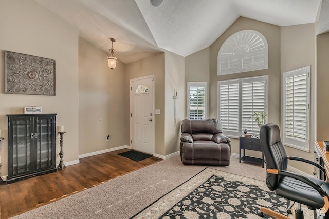 11743 S Silver Spur Ln, Draper, UT 84020 - home office featuring baseboards, carpet, vaulted ceiling, and wood finished floors