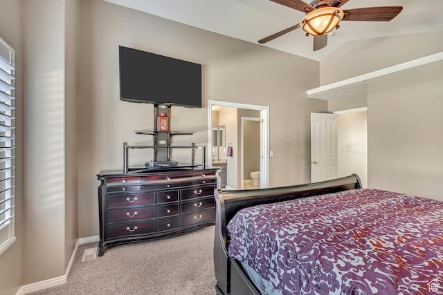 11743 S Silver Spur Ln, Draper, UT 84020 - bedroom with carpet floors, baseboards, ensuite bathroom, lofted ceiling, and ceiling fan