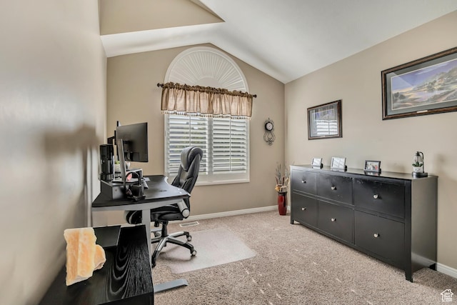11743 S Silver Spur Ln, Draper, UT 84020 - home office featuring carpet floors, lofted ceiling, and baseboards