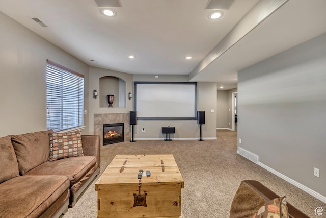 11743 S Silver Spur Ln, Draper, UT 84020 - cinema with a tile fireplace, baseboards, carpet, and recessed lighting