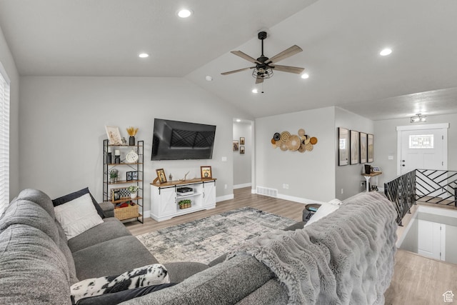 18616 Jefferson Ave, Eagle Mountain, UT 84013 - living area featuring a ceiling fan, light wood-style flooring, vaulted ceiling, recessed lighting, and baseboards