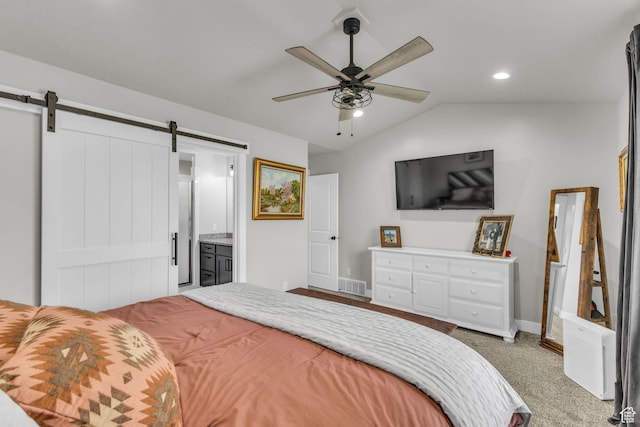 18616 Jefferson Ave, Eagle Mountain, UT 84013 - carpeted bedroom with vaulted ceiling, baseboards, a barn door, a ceiling fan, and recessed lighting