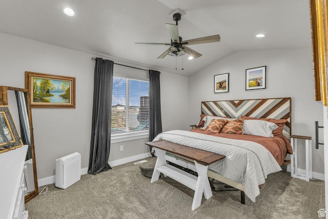 18616 Jefferson Ave, Eagle Mountain, UT 84013 - bedroom featuring light carpet, vaulted ceiling, recessed lighting, baseboards, and a ceiling fan