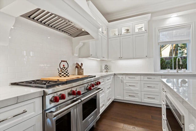 4731 S Marabow Cir, Holladay, UT 84117 - kitchen with double oven range, a sink, custom exhaust hood, tasteful backsplash, and crown molding