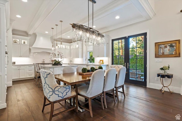 4731 S Marabow Cir, Holladay, UT 84117 - dining space featuring dark wood-style floors, beamed ceiling, crown molding, french doors, and recessed lighting
